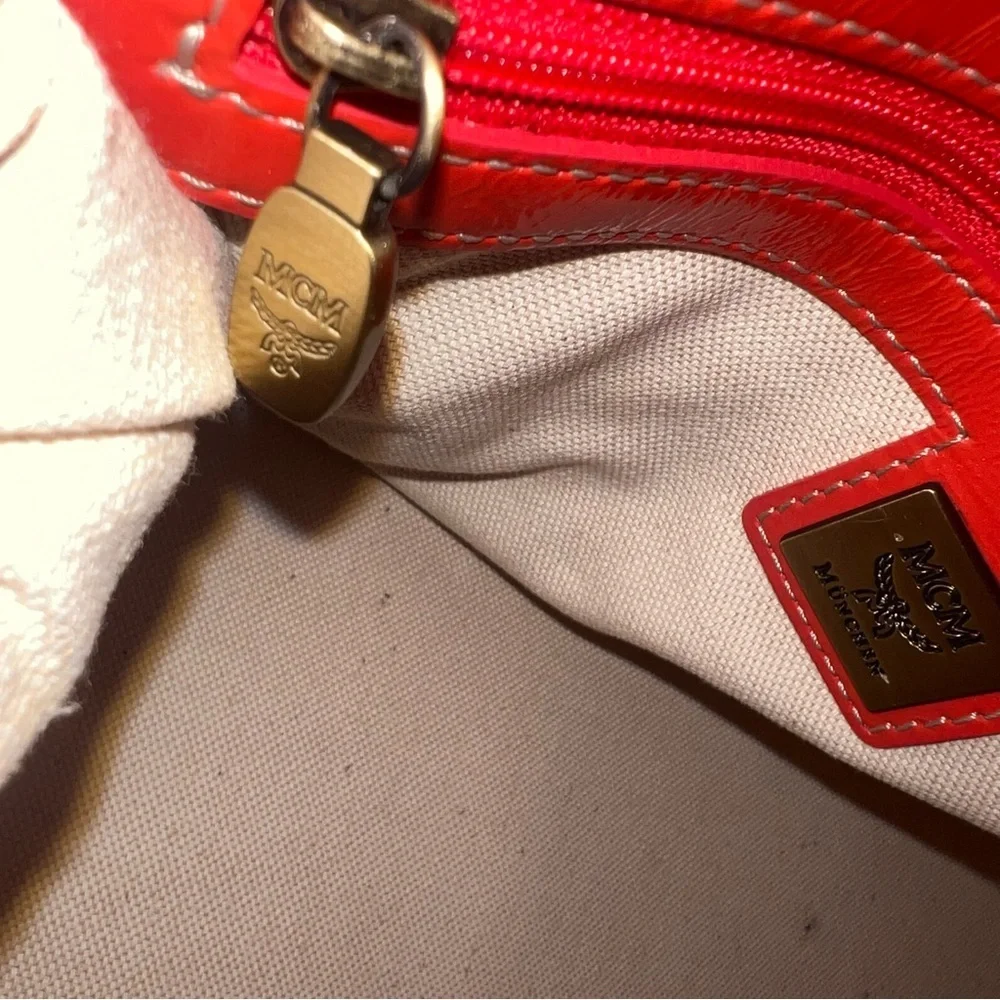 MCM Orange Patent Leather Top Zipper Silver Studded Accent Satchel/Handbag‎ 🧡